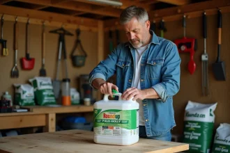 Homme en tenue de travail prépare un herbicide dans un atelier