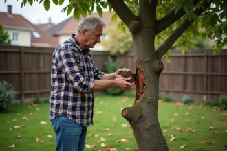 Homme examinant un mûrier dans son jardin suburbain