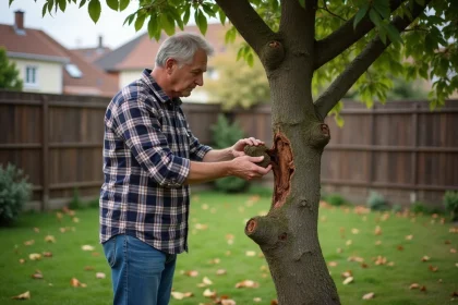 Homme examinant un mûrier dans son jardin suburbain