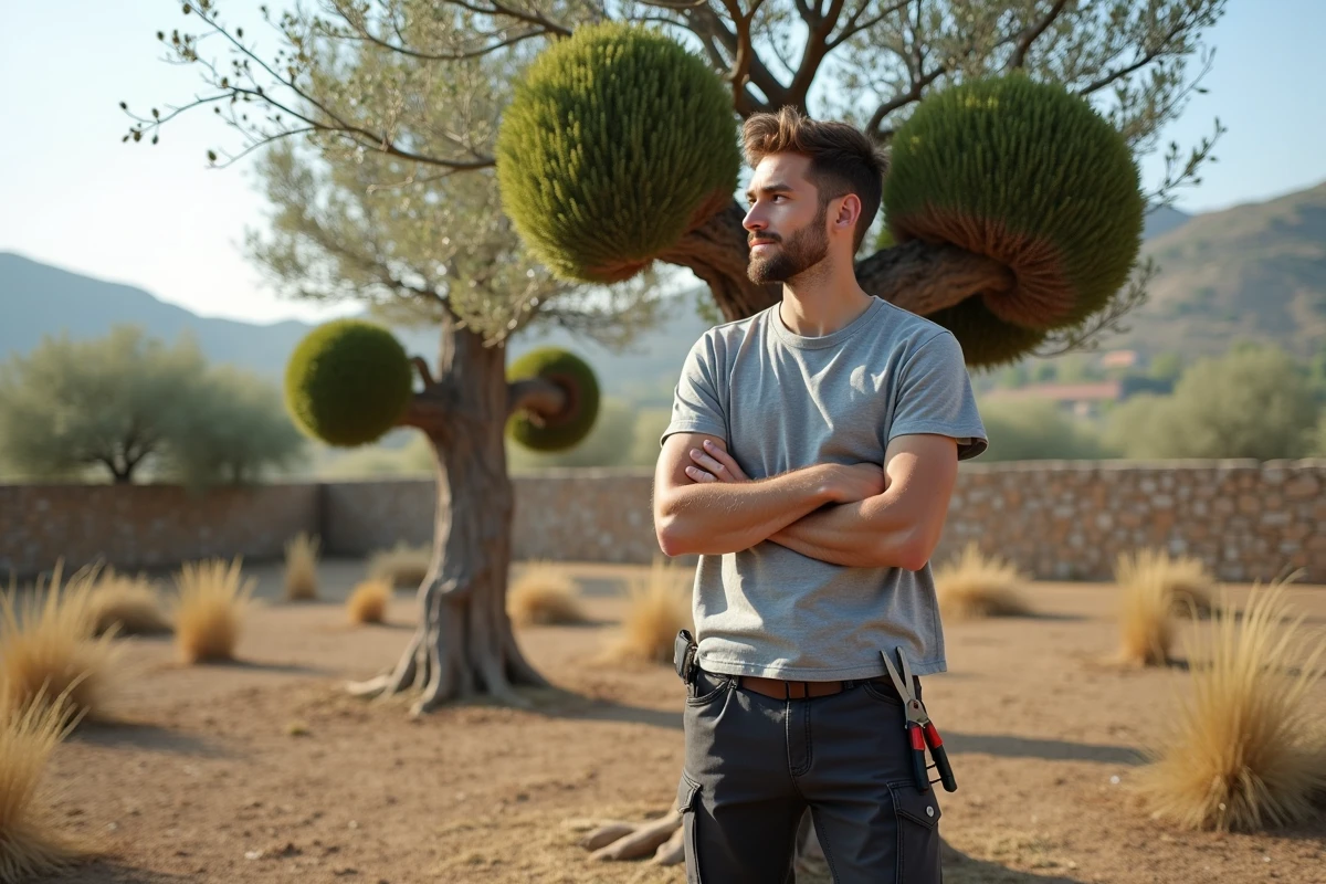 Homme admirant un olivier taillé en nuage dans un jardin de campagne provençal