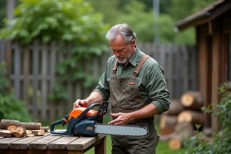 Homme en overalls examine un reservoir d'huile de tronçonneuse