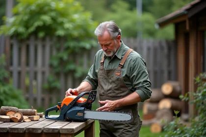 Homme en overalls examine un reservoir d'huile de tronçonneuse