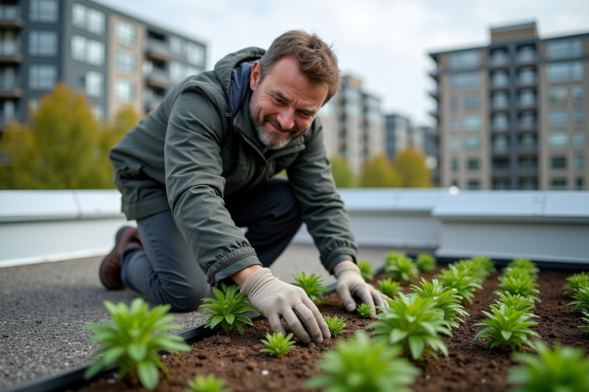 Homme en extérieur plantant sedums sur un toit urbain