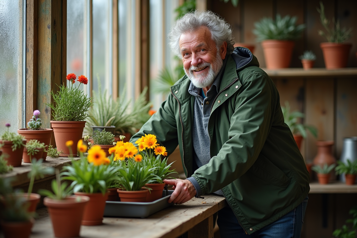 Homme âgé arrangeant des fleurs dans une serre chaleureuse