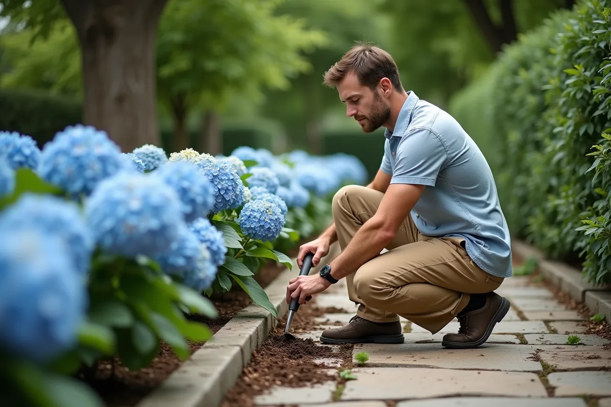Homme arrosant des hortensias bleus dans le jardin