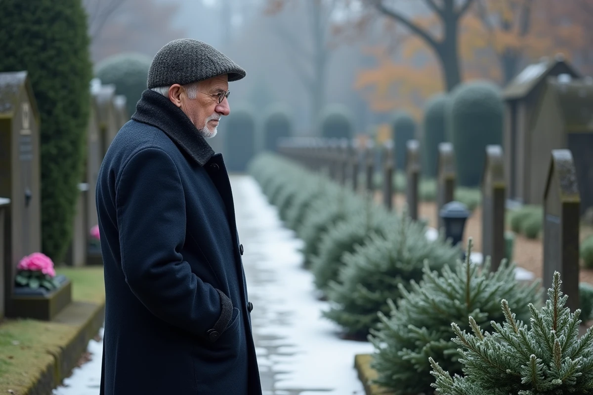 Homme observant les plantes sur les tombes en hiver