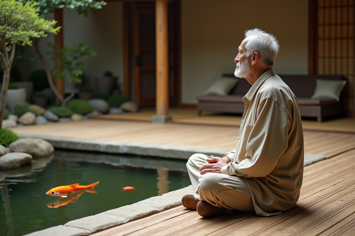Homme assis près d’un bassin à koi dans un jardin intérieur