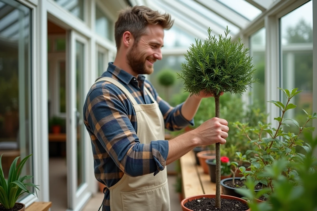 Jeune homme inspectant un romarin taillé dans un conservatoire lumineux