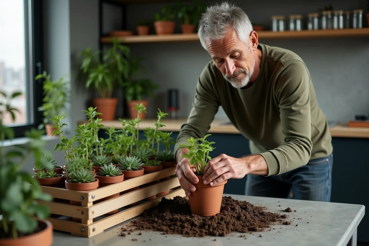 Homme rempotant une bouture de pothos dans une cuisine moderne avec des plantes d'intérieur sur l'étagère