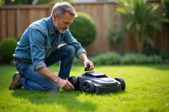 Homme inspectant une lame de robot tondeuse dans un jardin