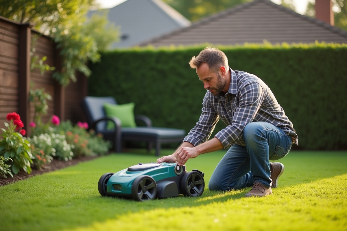 Homme d'âge moyen ajustant une tondeuse robot dans un jardin