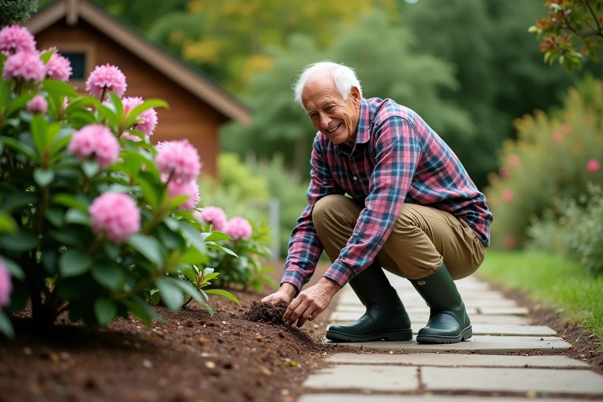 Homme arrosant et entretenant un rhododendron