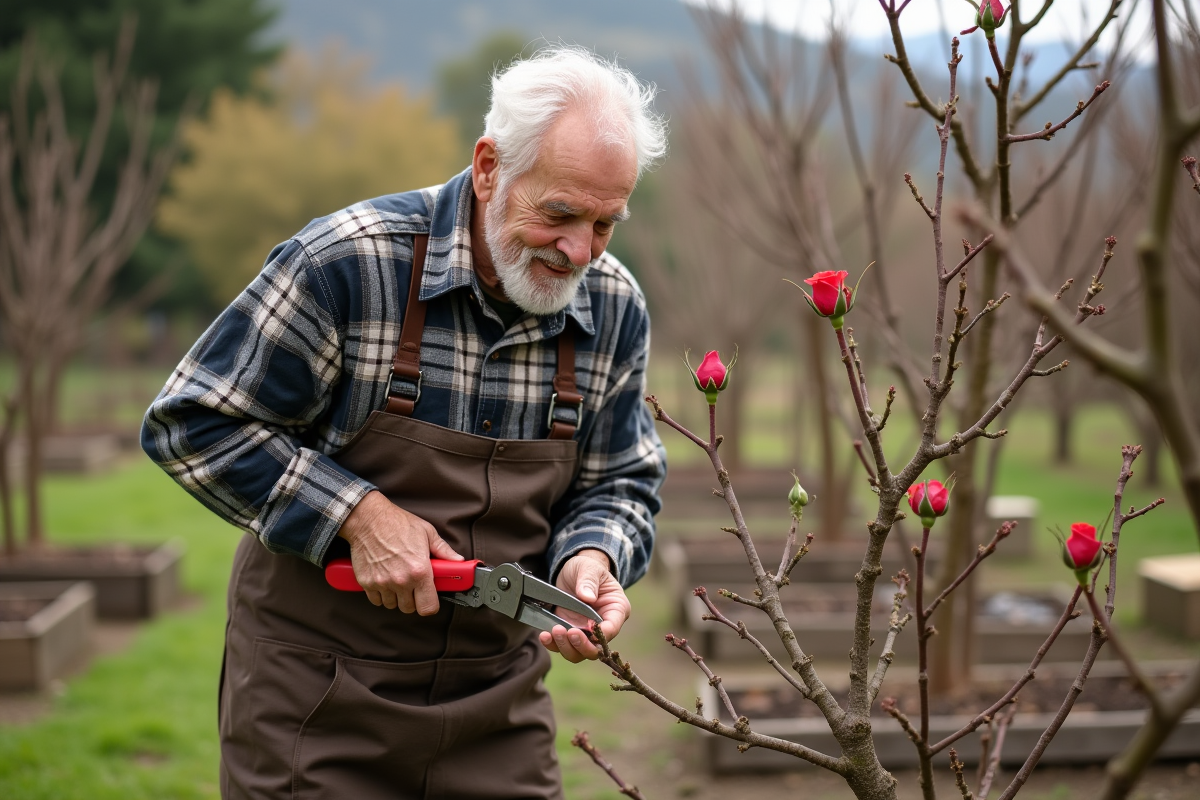 Homme âgé taillant des rosiers dans un jardin communautaire