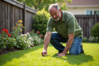 Homme en polo vert taillant une mauvaise herbe dans la pelouse