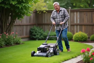 Homme d'âge moyen tondant la pelouse dans son jardin
