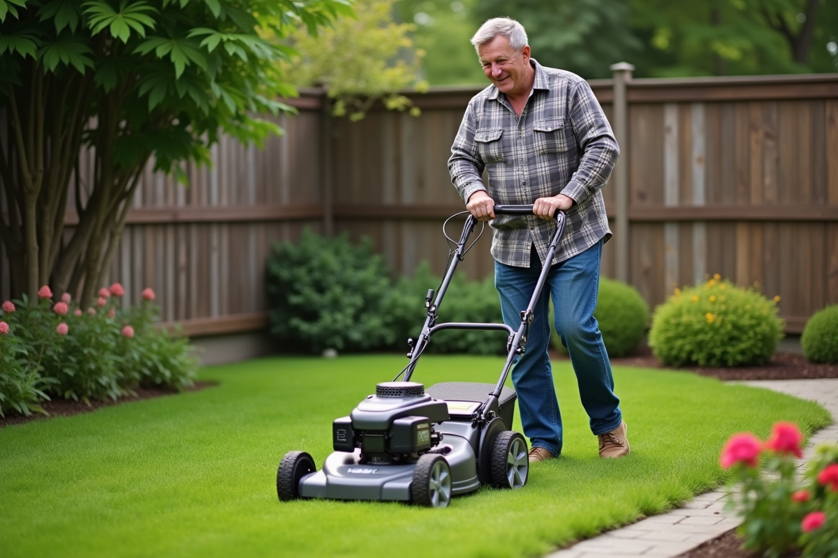 Homme d'âge moyen tondant la pelouse dans son jardin