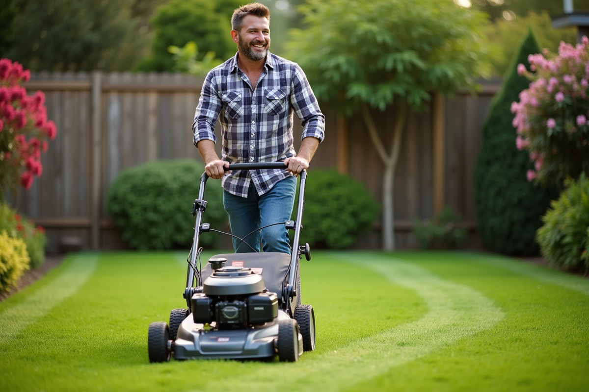 Homme en jeans et chemise à carreaux tondant la pelouse