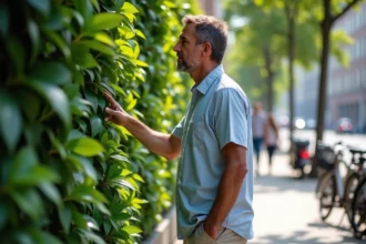 Homme d'âge moyen touchant un mur végétal en ville