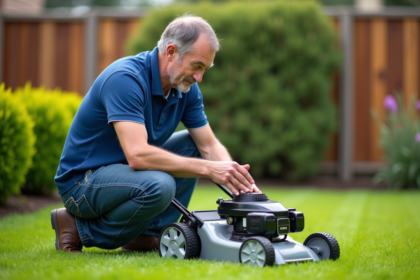 Homme d'âge moyen inspectant une tondeuse dans son jardin