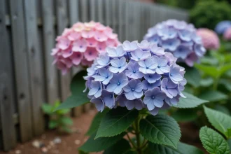 Hortensias aux fleurs mauves et roses dans un jardin avec un sol argileux non amendé, illustrant l'échec du bleuissement