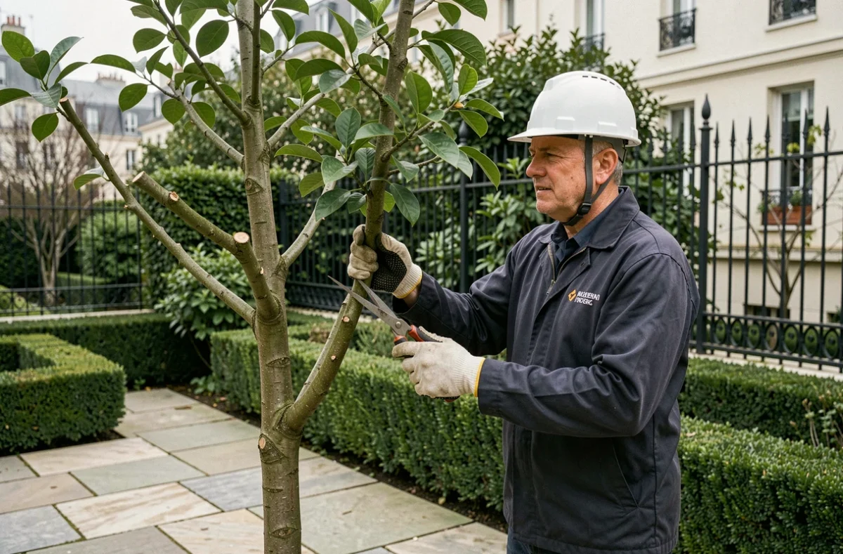 Technicien d'ICEM Rénovation inspectant un tilleul taillé dans un jardin résidentiel parisien avec clôture en fer forgé