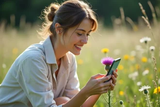 Femme utilisant une application d'identification de fleurs sur smartphone dans une prairie fleurie
