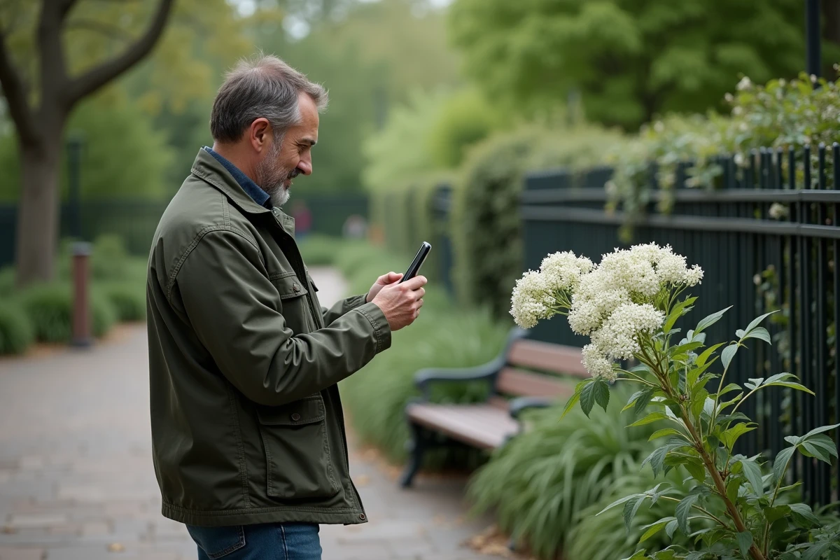 Homme photographiant des fleurs de sureau avec son téléphone dans un jardin botanique urbain pour identification