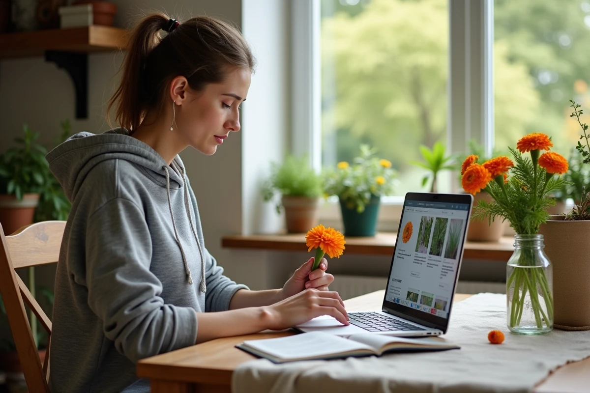 Femme comparant les résultats d'identification de fleurs sur ordinateur portable avec un guide botanique à la maison