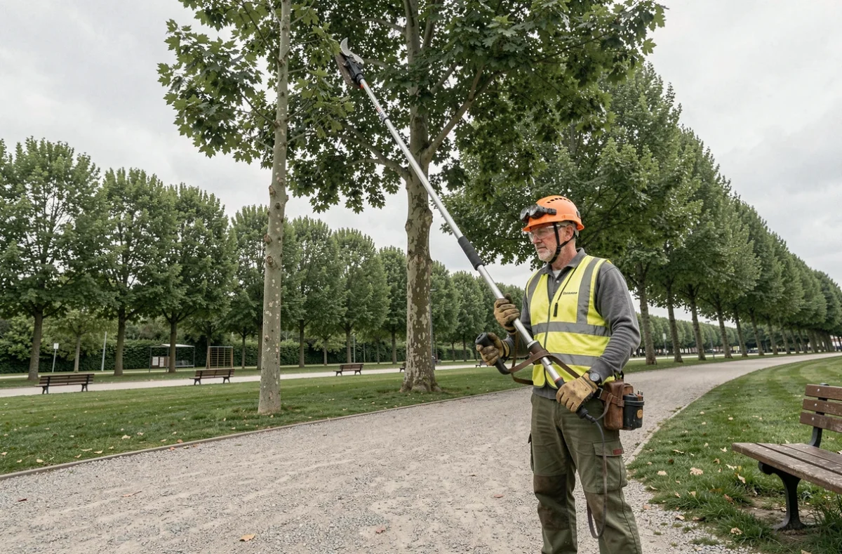 Élagueur d'I.I.R Gaarden utilisant un élagateur à perche pour tailler un peuplier dans un espace vert municipal de Seine-Saint-Denis