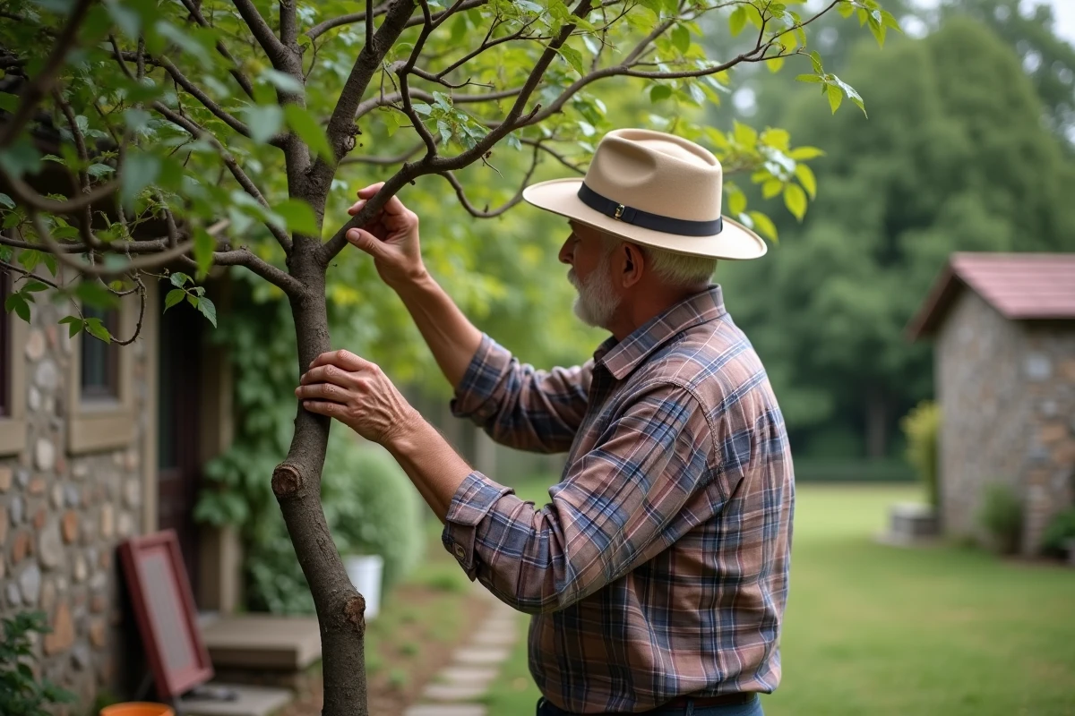 Homme âgé inspectant un jeune mimosa dans un jardin rural