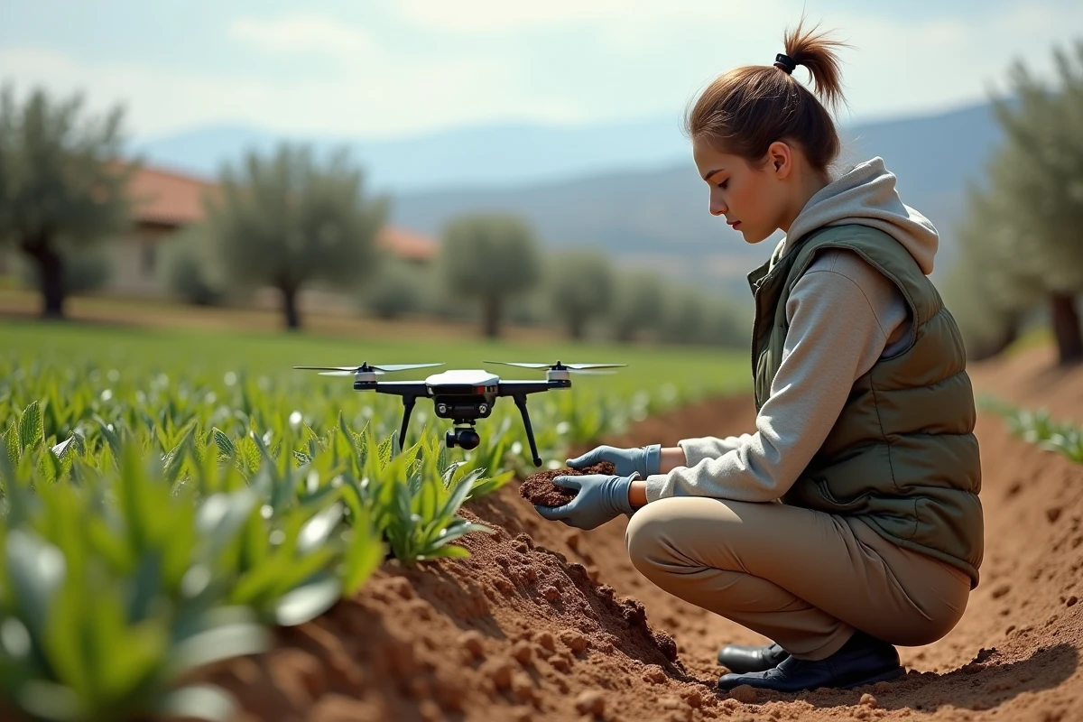 Jeune inspectrice agricole avec drone et plantes vertes en Espagne