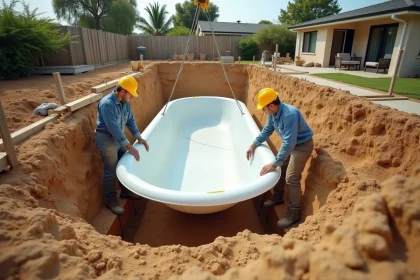 Pose d'une piscine coque en fibre de verre dans une excavation par deux ouvriers avec une grue dans un jardin résidentiel