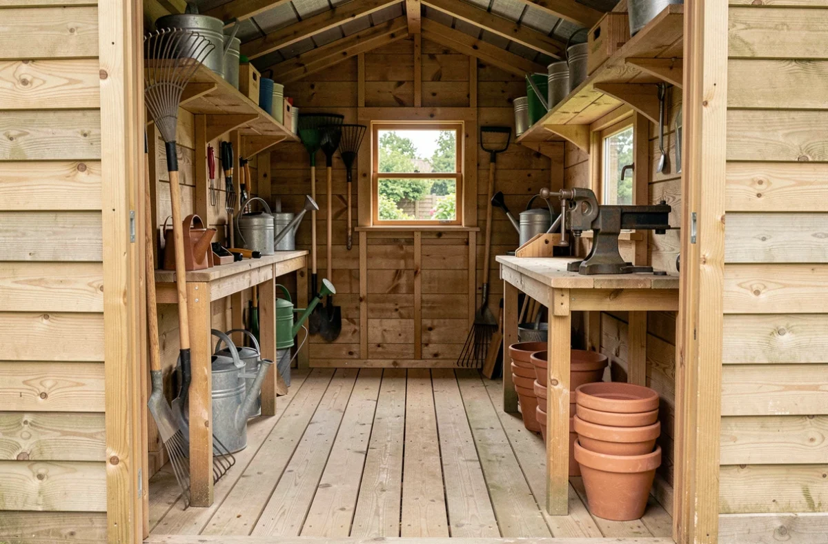 Intérieur d'un abri de jardin en bois rangé avec des outils de jardinage, étagères en bois et établi dans un espace fonctionnel