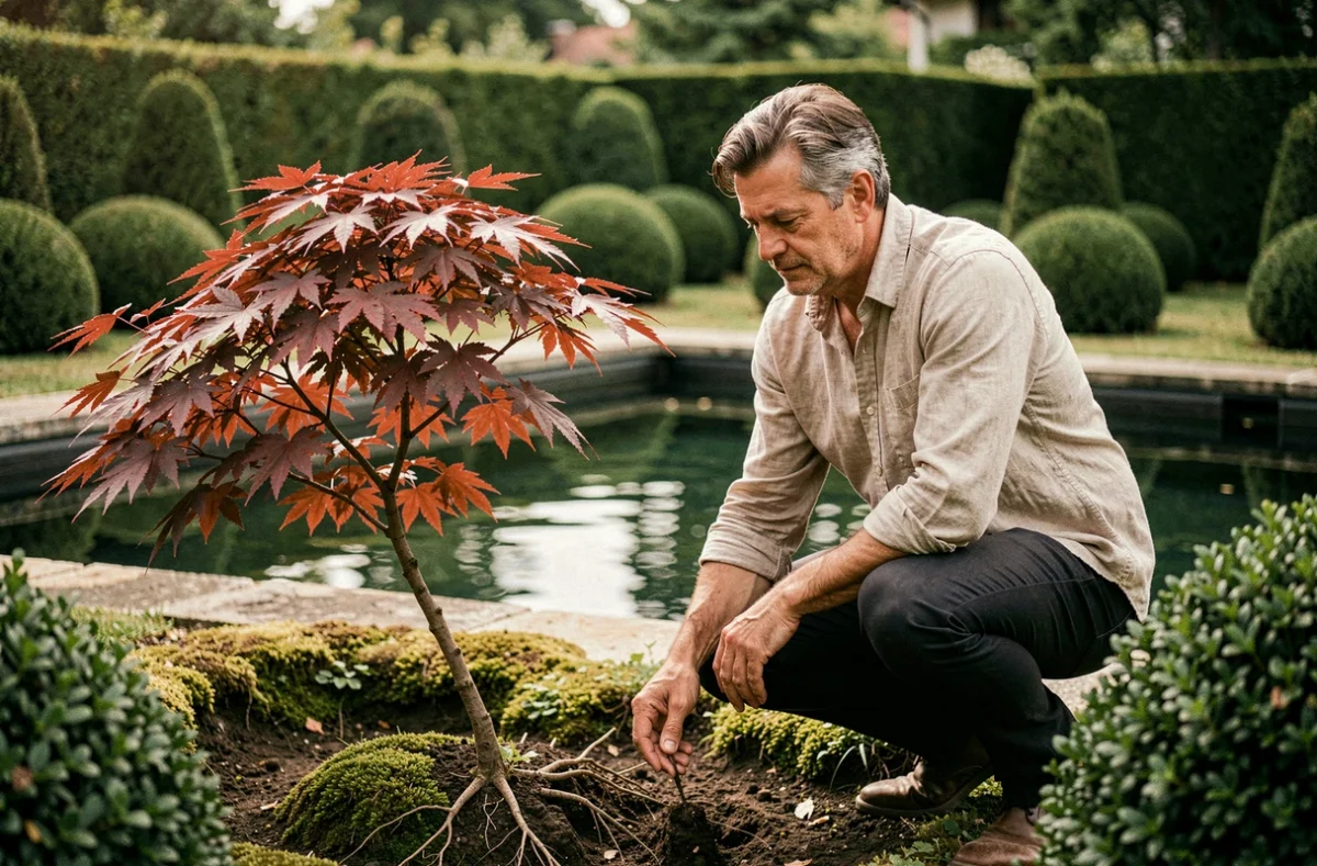 Jacquet Jardin, paysagiste inspectant les racines d'un érable du Japon dans un jardin soigné avec bassin réfléchissant et buis taillés en Haute-Savoie