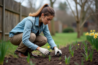 Femme en jardinage plantant des jeunes fleurs dans la terre