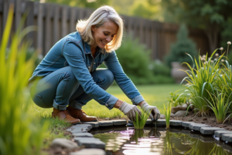 Femme jardinant près d'un étang avec plantes aquatiques