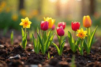 Sol de printemps sur un jardin avec tulipes et jonquilles émergentes