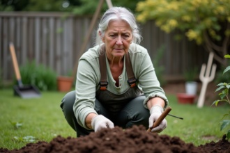 Femme de jardinage examinant un compost dans son jardin