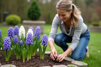 Femme jardinant avec hyacinthes en pleine floraison