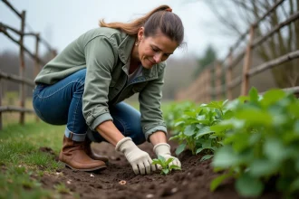 Femme de jardinage plantant des haricots verts dans son jardin