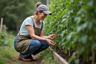 Femme en jardinage avec plants de tomates dense
