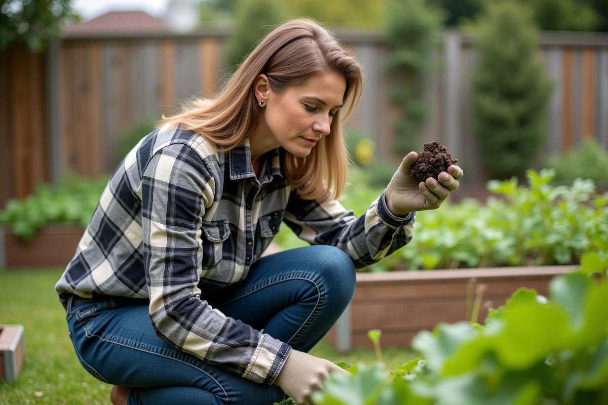 Femme d'âge moyen inspectant la terre dans son jardin