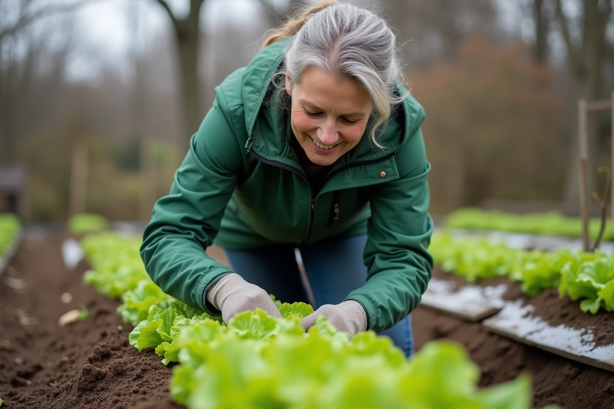 Femme jardiniere examine jeunes laitues au printemps