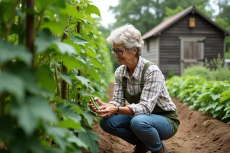 Femme jardinant inspectant des haricots verts dans un jardin