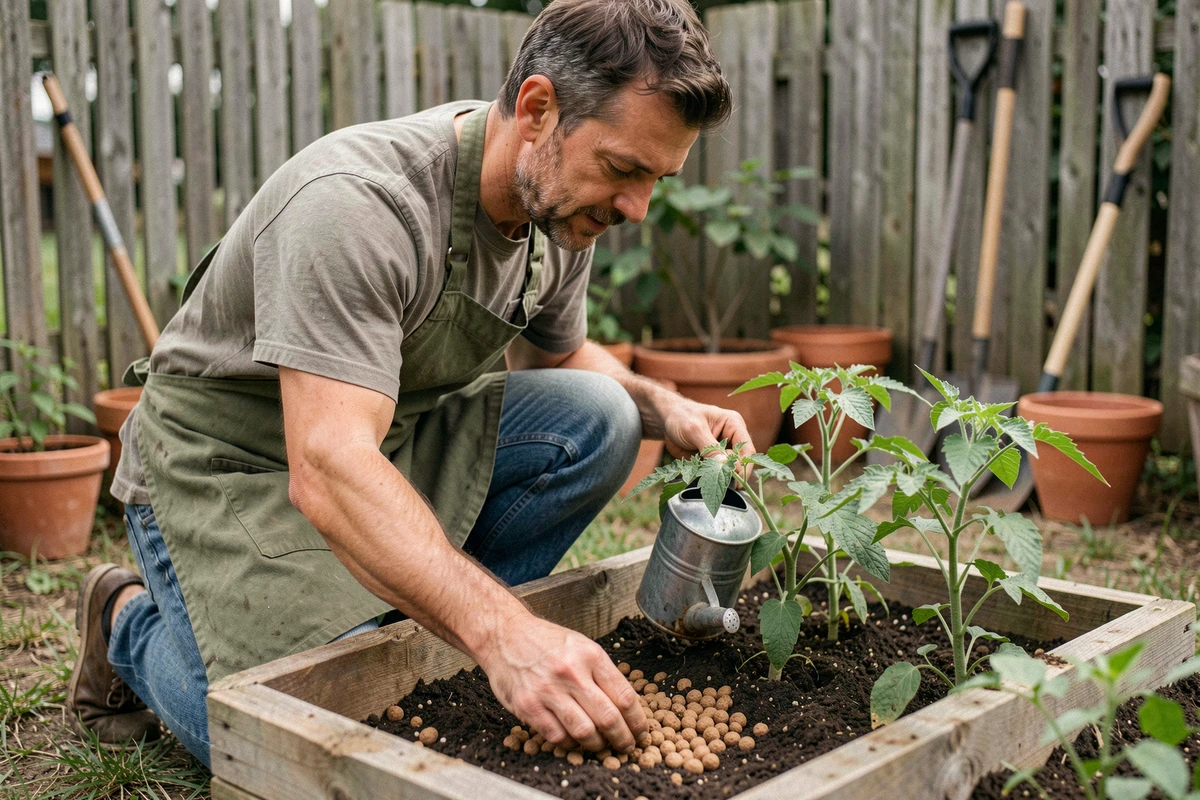 Jardinier intégrant des billes d'argile et de l'engrais liquide autour de plants de tomates dans un potager surélevé en bois
