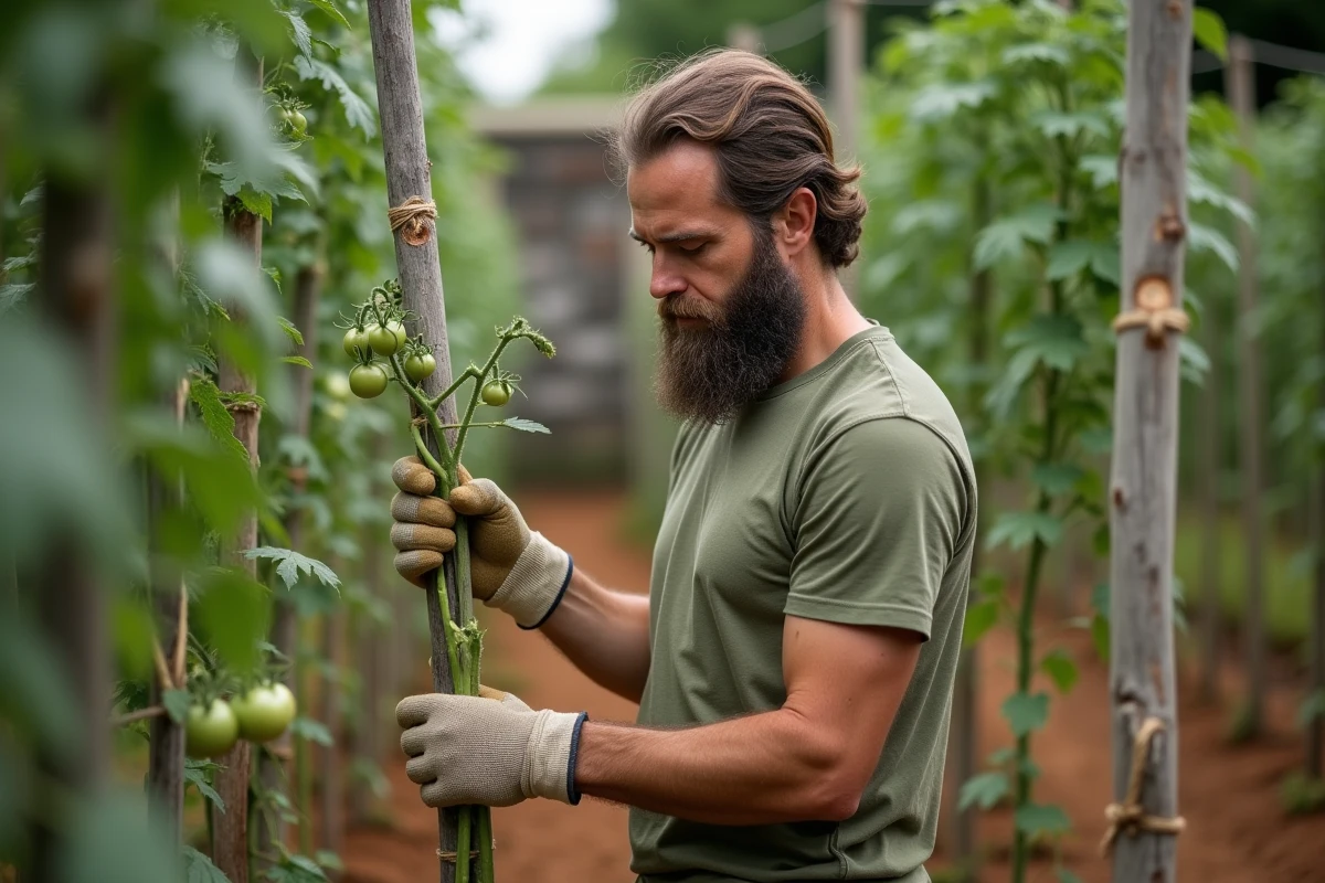 Homme jardinier bio supprimant les gourmands sur des plants de tomates tuteurés
