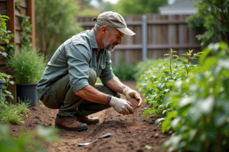 Homme d'âge moyen fertilisant ses légumes dans le jardin