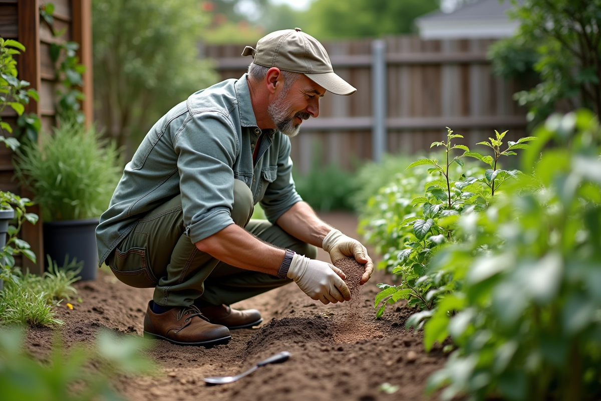 Homme d'âge moyen fertilisant ses légumes dans le jardin