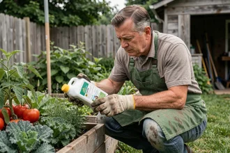 Jardinier lisant l'étiquette d'un herbicide au glyphosate près d'un potager surélevé en plein air