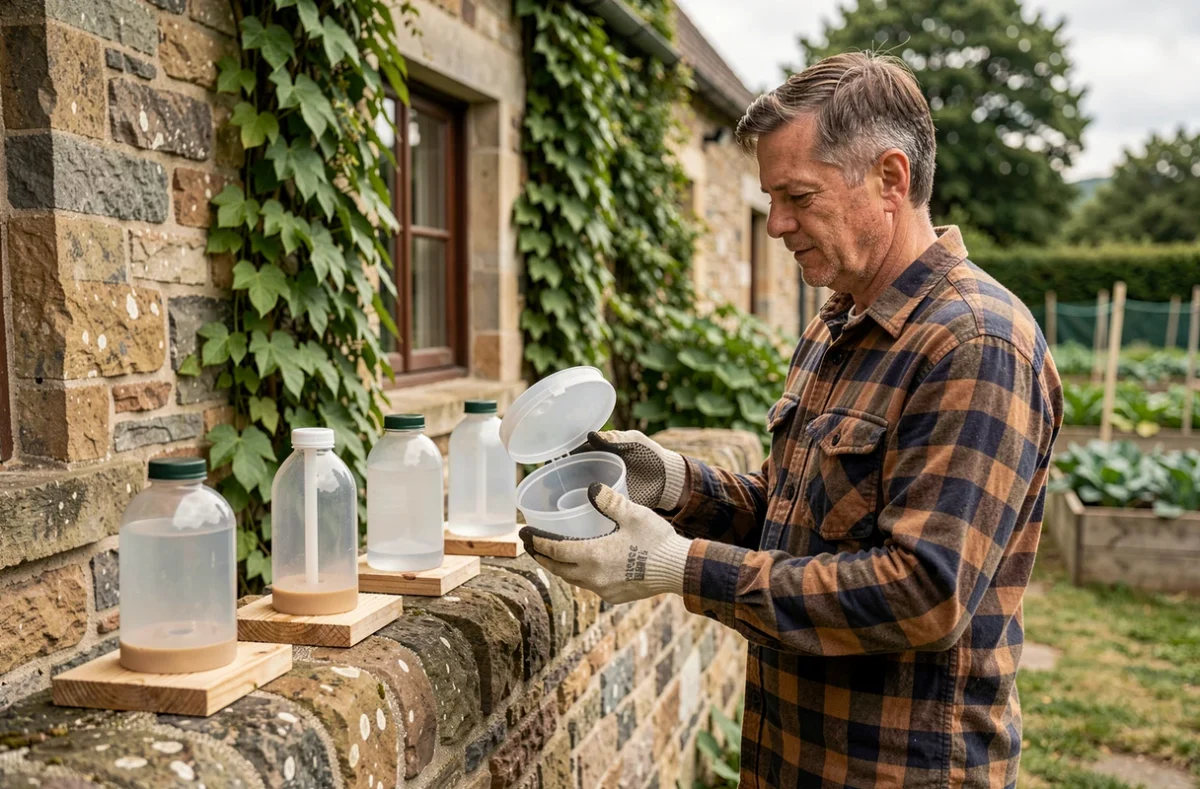 Jardinier inspectant plusieurs pièges à frelons artisanaux en bouteilles recyclées posés sur un mur en pierre